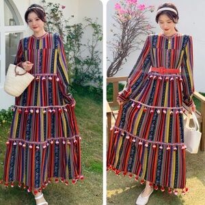 Zara Woman Multi Stripe Boho Gypsy Pompoms Festival Maxi Dress XS.